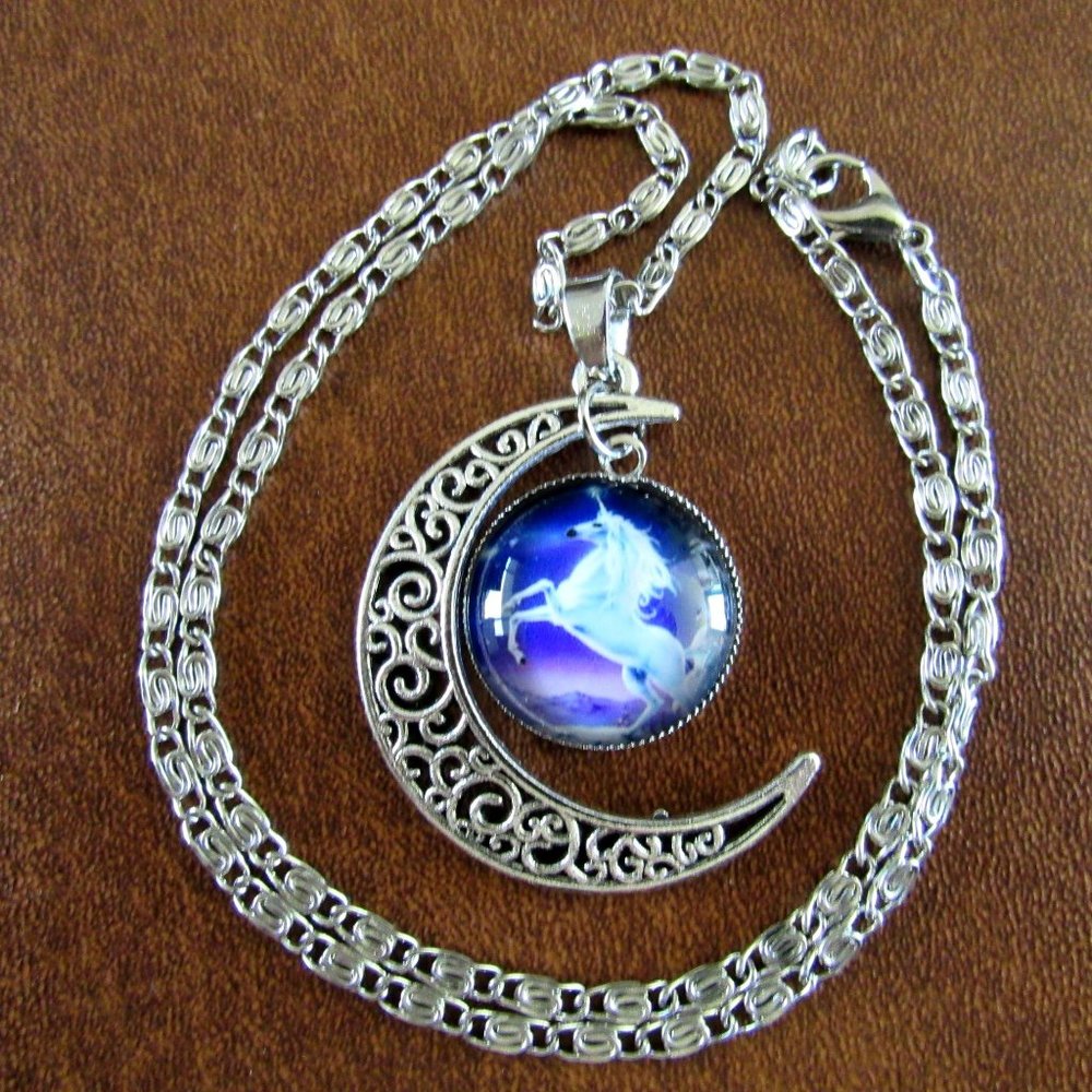 3 Piece Set Unicorn Silver Tone Glass Cabochon Jewelry Necklace Bracelet Earring - Picture 2 of 5